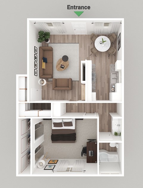 a rendering of a 1 bedroom floor plan with a living room and a dining room